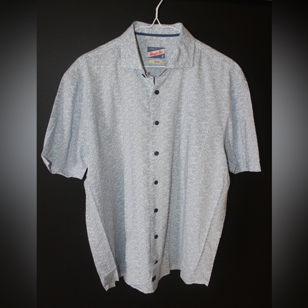 Johnnie-O Button Down Casual Shirt, Blue And White Building Design.